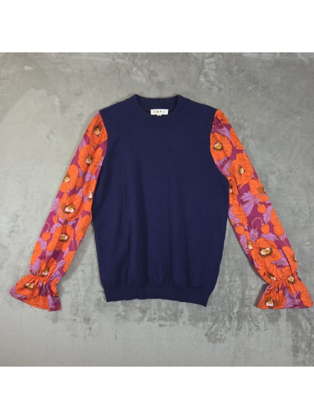 THML Sweater Floral Print Ruffle Sleeve Mixed Media Top Navy Women's M